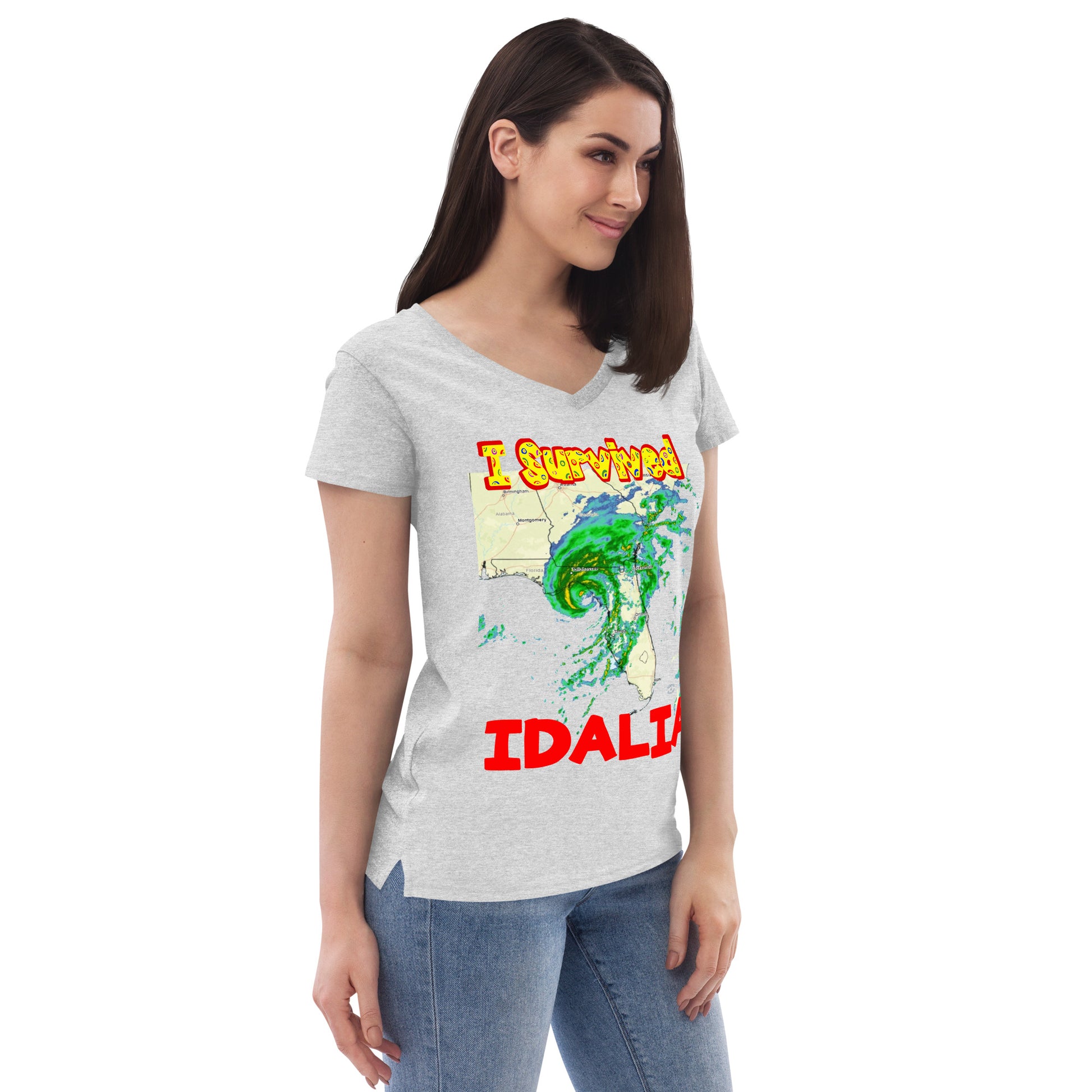 A picture of a woman wearing a v-neck tshirt with I SURVIVED Hurricane IDALIA Women’s Recycled V-Neck T-Shirt -right side view in grey heather