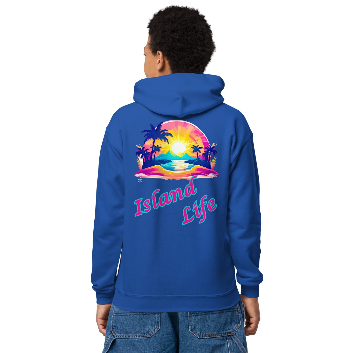 A picture of a boy modeling a hoodie with a large picture on the back of a tropical island paradise abd the text Island Life underneath - royal blue