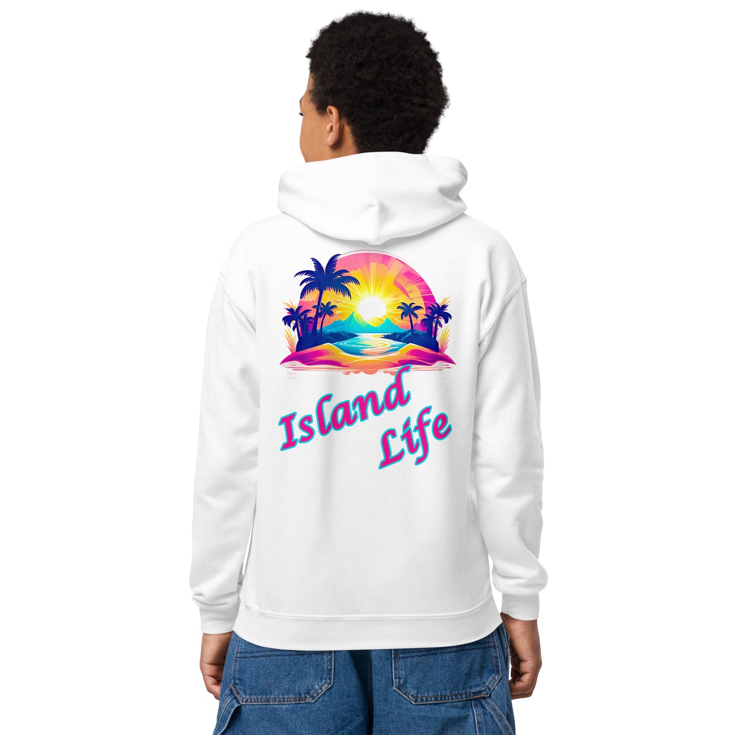 A picture of a boy modeling a hoodie with a large picture on the back of a tropical island paradise abd the text Island Life underneath - white