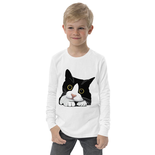 i picture of a boy wearing Kitten with Big Eyes Youth Long Sleeve Tee - white
