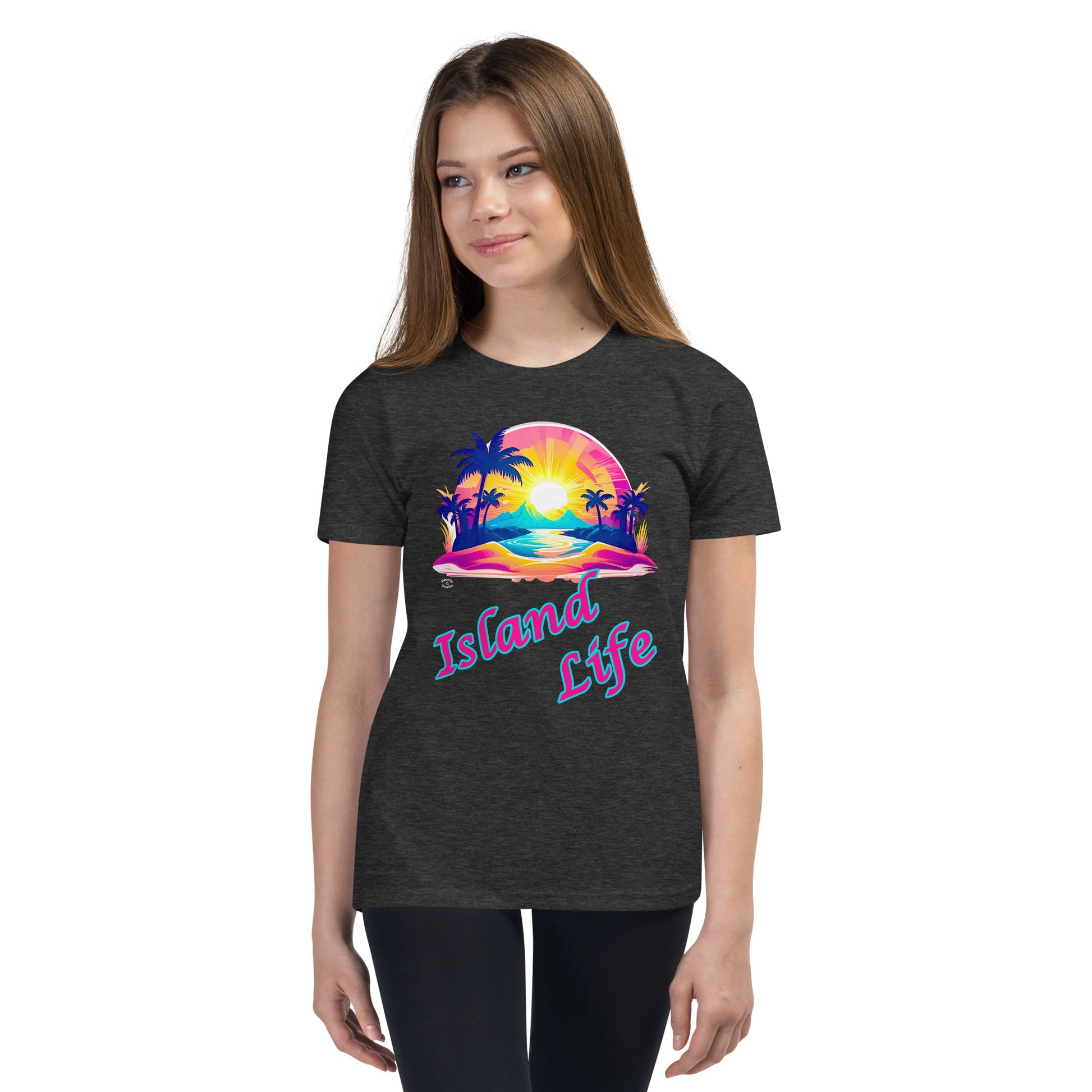 A picture of a girl modeling a tshirt that has a colorful picture of a tropical island paradise and underneath is the text Island Life - dark heather grey