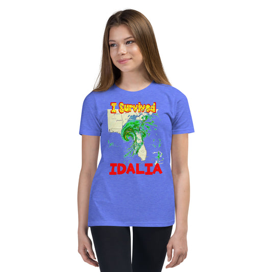 A picture of a young girl wearing a tshirt with I Survived Hurricane Idalia Youth Short Sleeve T-Shirt - in heather columbia blue