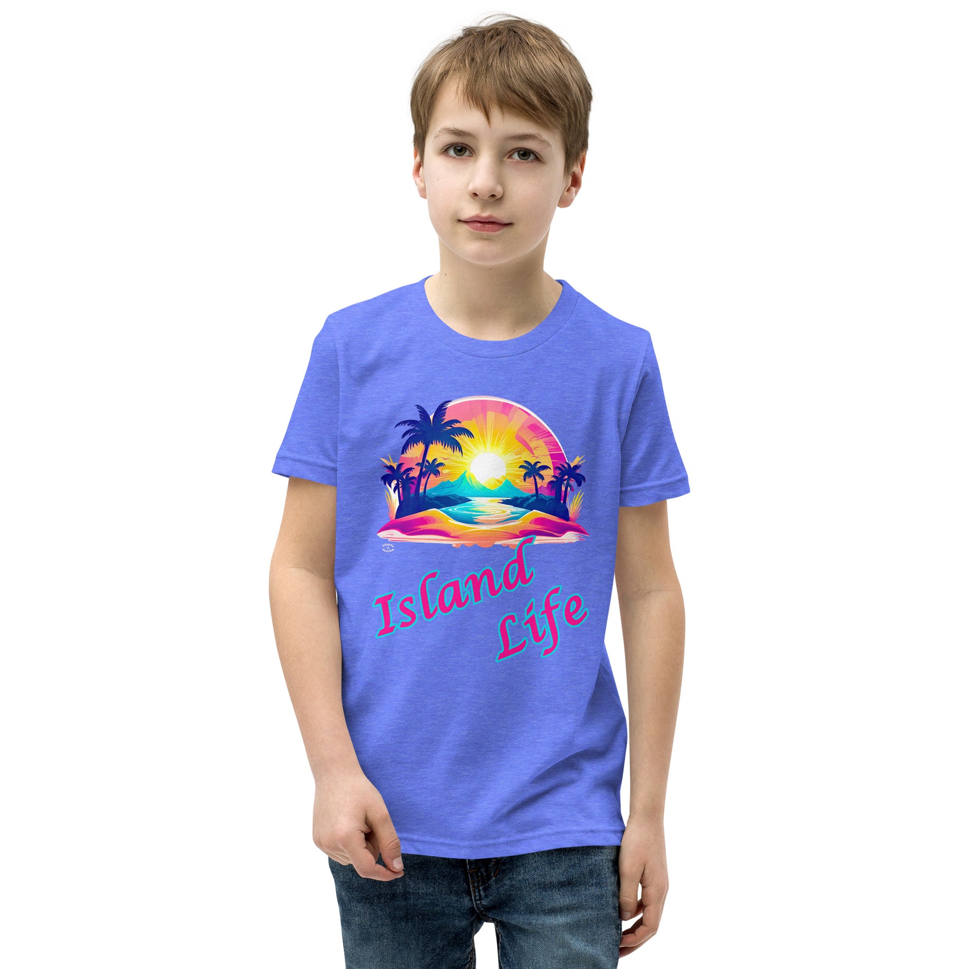 A picture of a boy modeling a tshirt that has a colorful picture of a tropical island paradise and underneath is the text Island Life -columbia heather blue