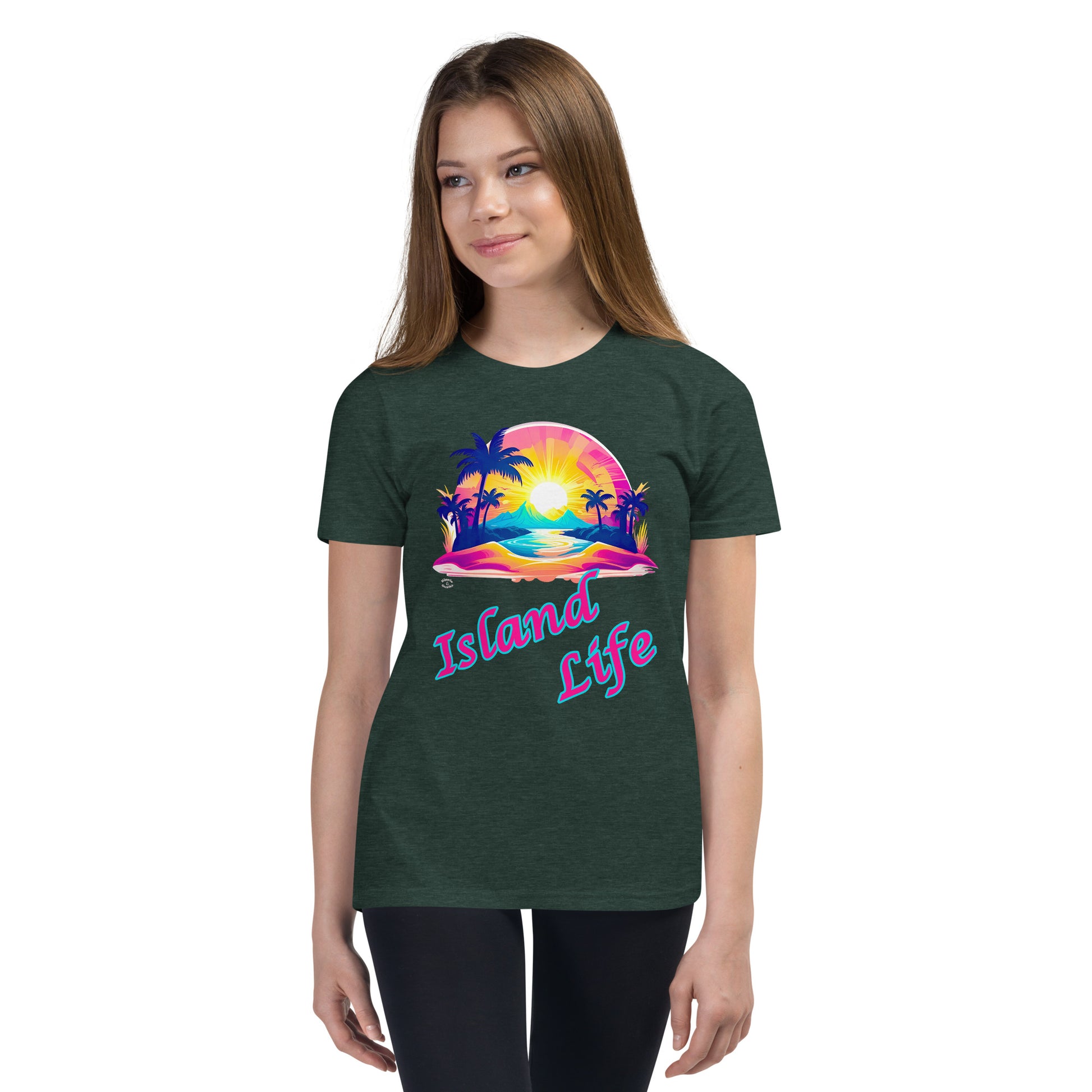 A picture of a girl modeling a tshirt that has a colorful picture of a tropical island paradise and underneath is the text Island Life - forest heather green