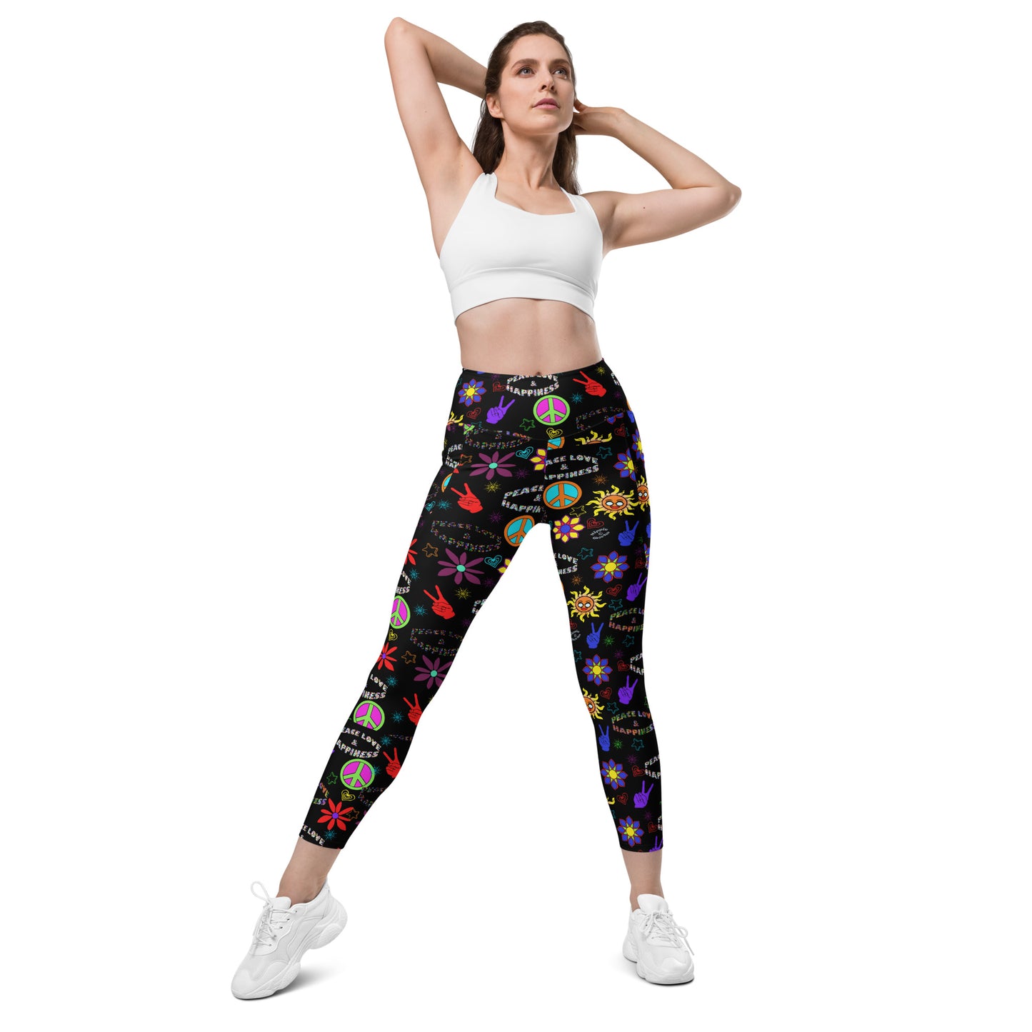 "Peace Love and Happiness" Black Leggings with Pockets