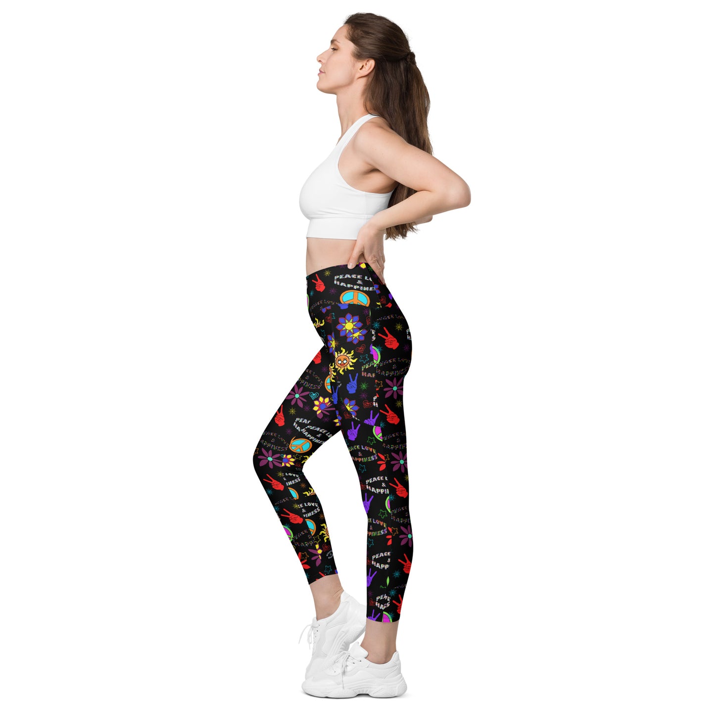 "Peace Love and Happiness" Black Leggings with Pockets