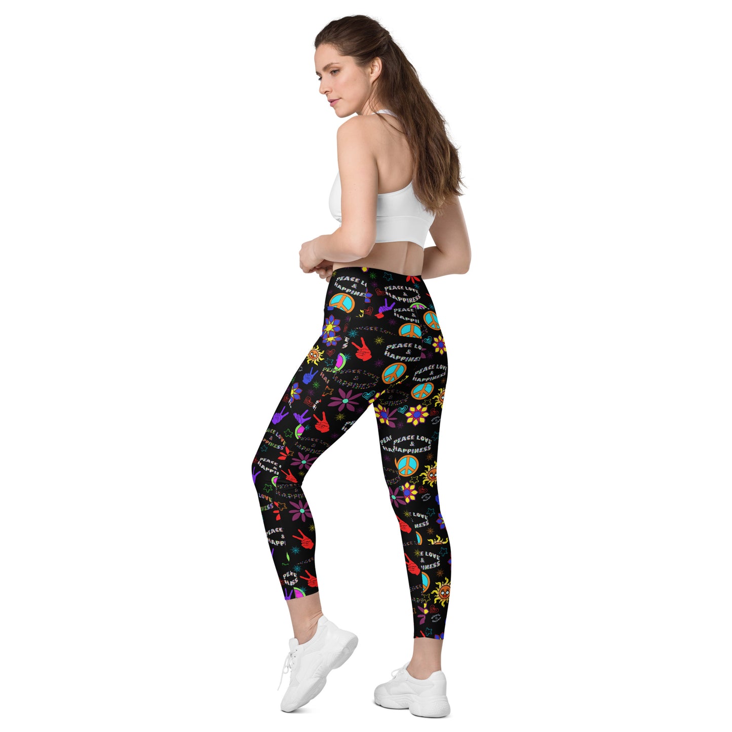 "Peace Love and Happiness" Black Leggings with Pockets