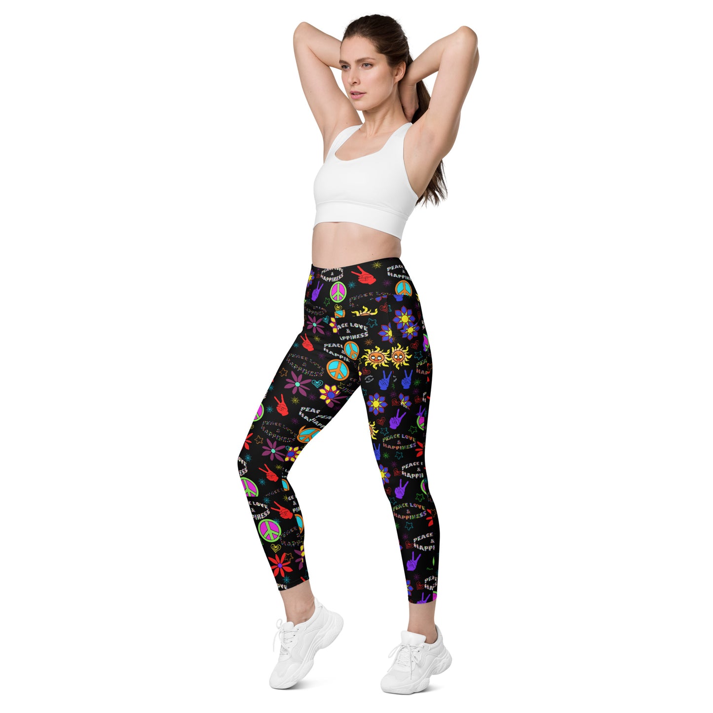 "Peace Love and Happiness" Black Leggings with Pockets