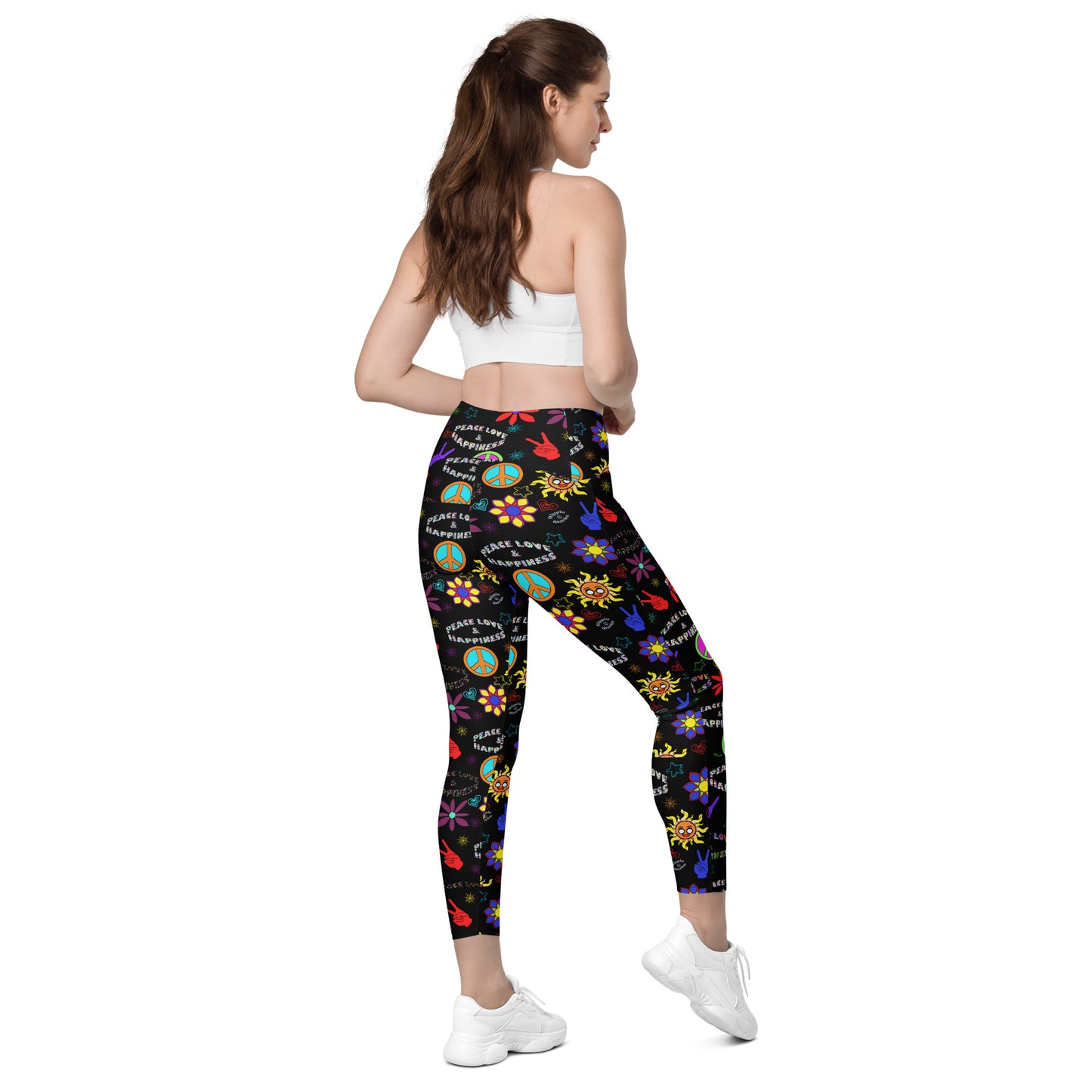 "Peace Love and Happiness" Black Leggings with Pockets