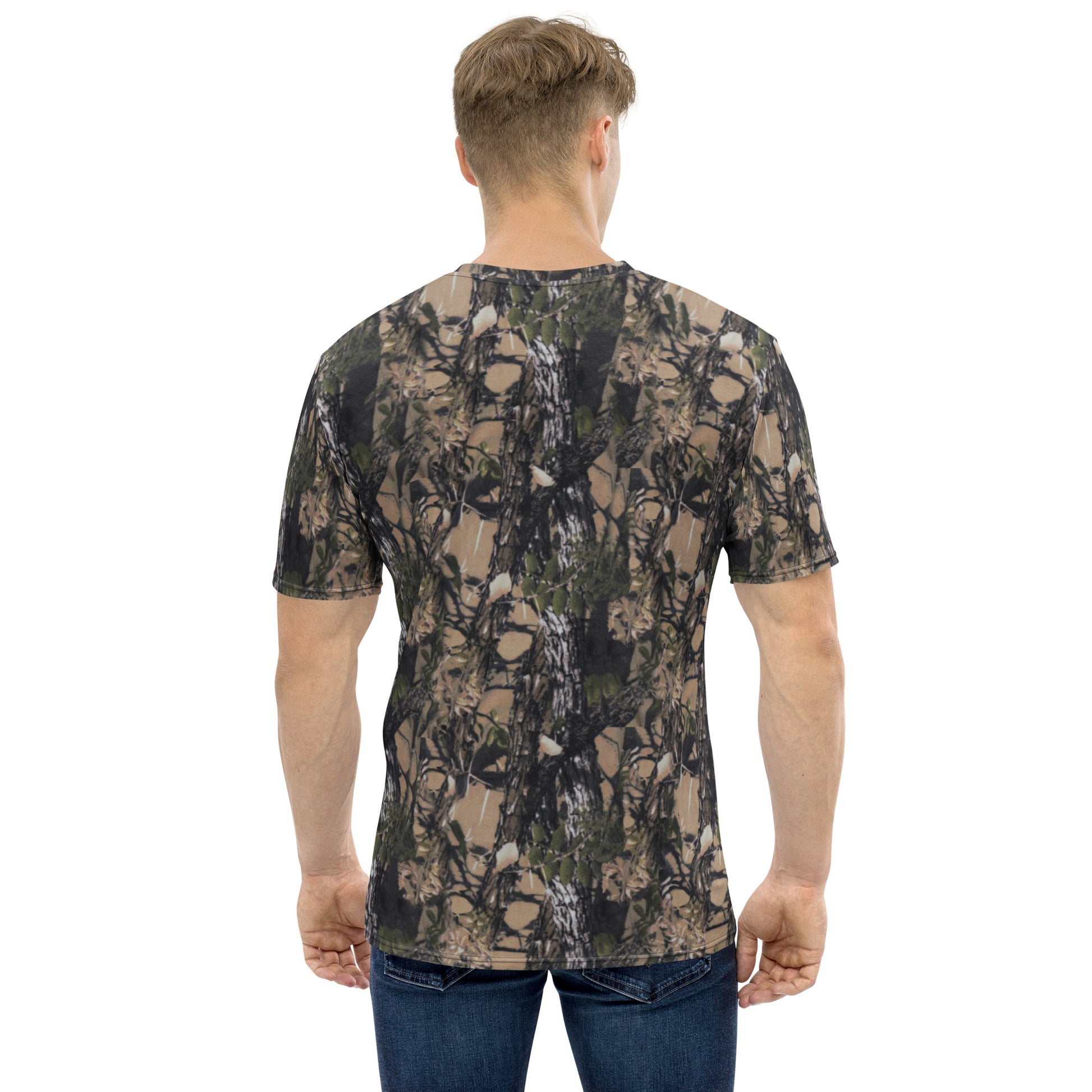 a picture of a man wearing an all over printed Camouflage short sleeve tshirt - back