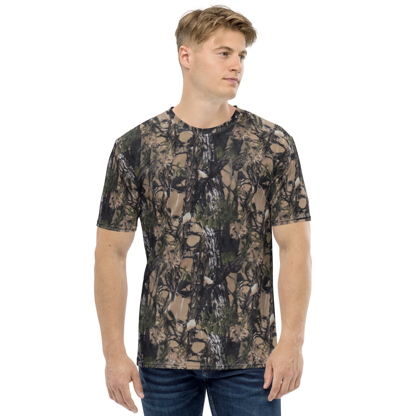 a picture of a man wearing an all over printed Camouflage short sleeve tshirt - front 