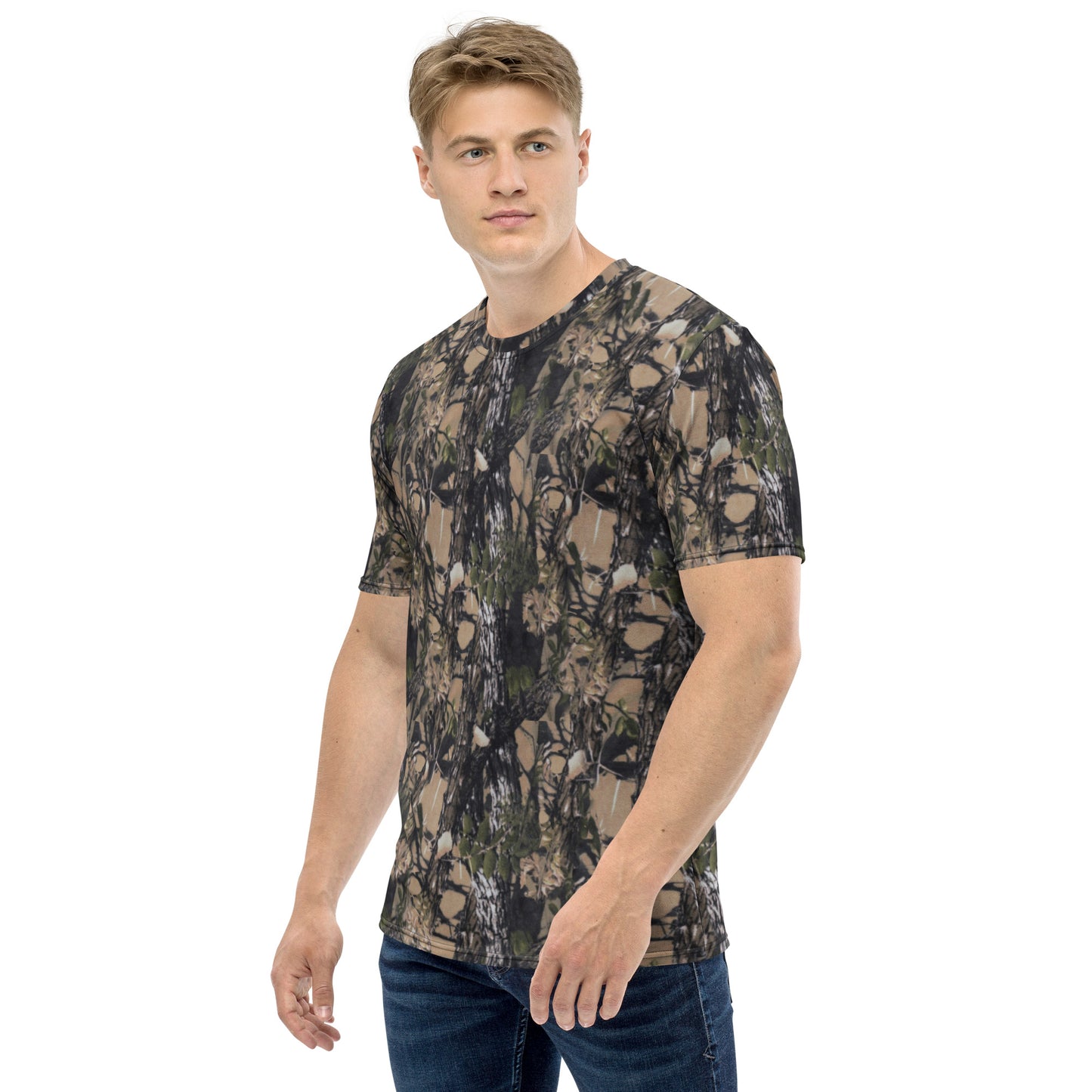 a picture of a man wearing an all over printed Camouflage short sleeve tshirt - left side