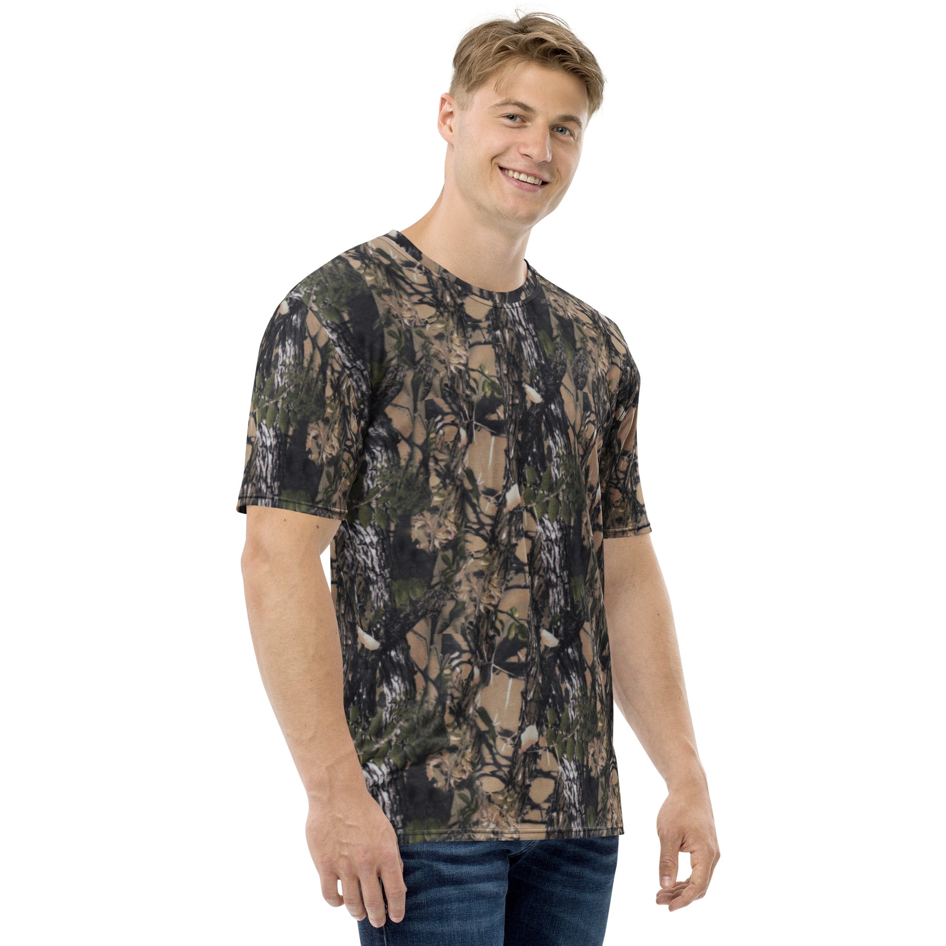 a picture of a man wearing an all over printed Camouflage short sleeve tshirt - right side