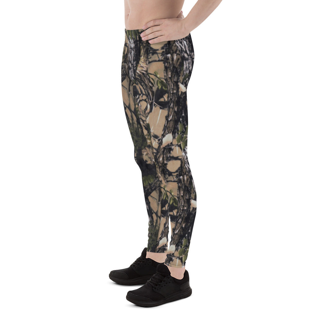 A picture of a man waist down wearing Camouflage all over print leggings - left side