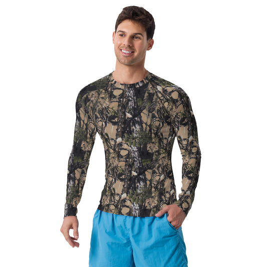 A picture of a man wearing Camouflage all over print rash guard - front side