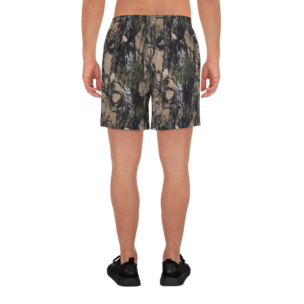 A picture of a man waist down wearing Camouflage Athletic Shorts - back