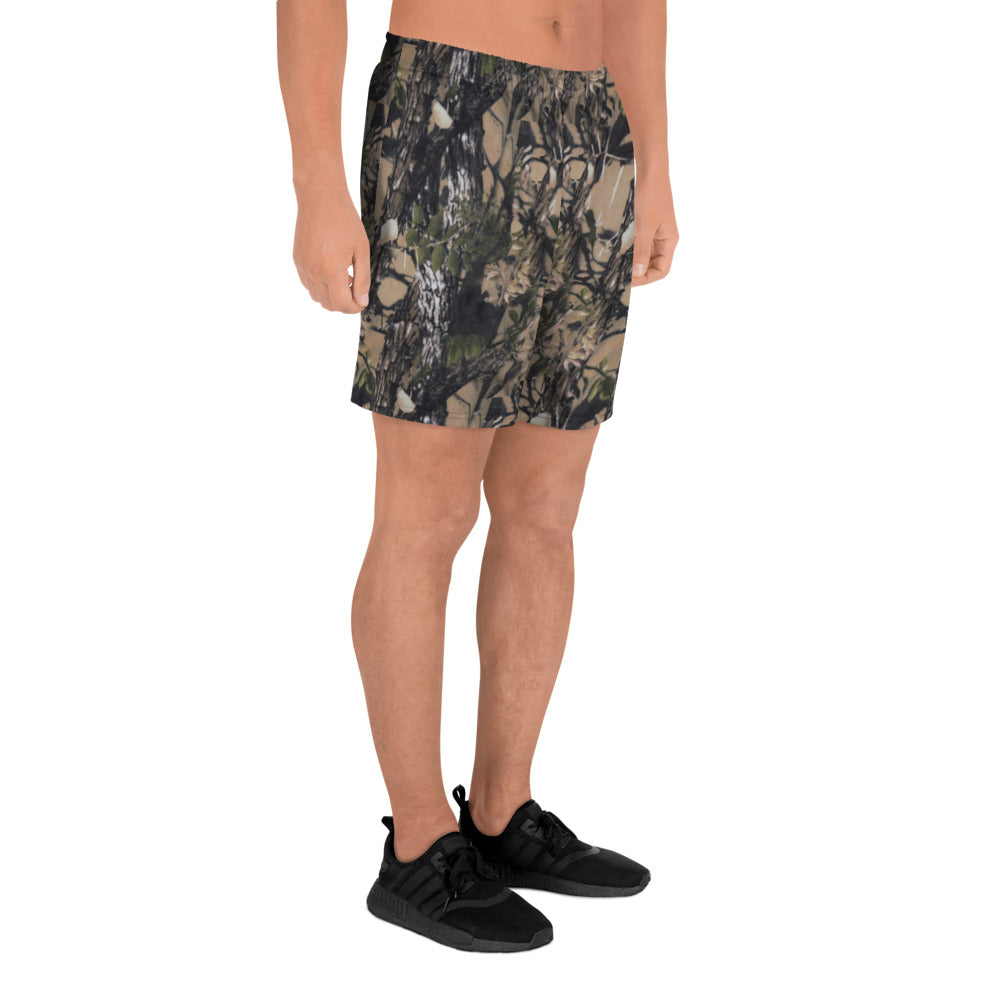 A picture of a man waist down wearing Camouflage Athletic Shorts - right