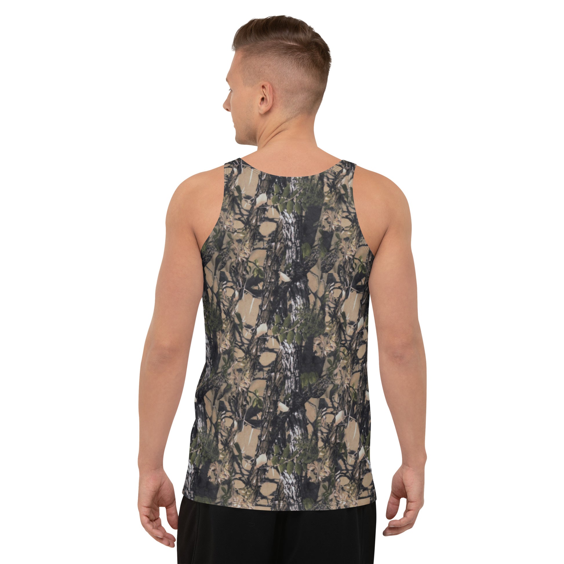 a picture of a man wearing a unisex all over printed Camouflage tank top - back side