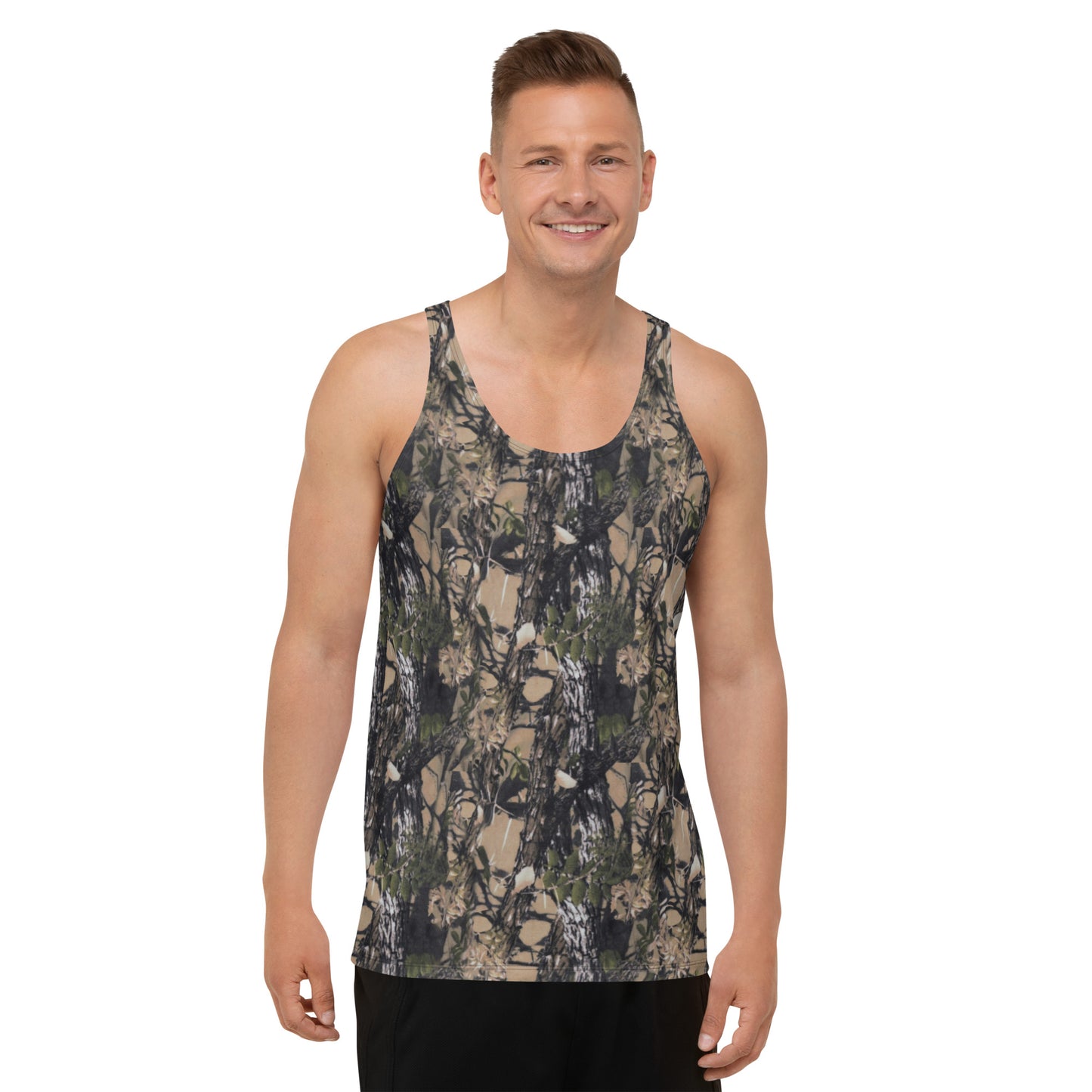 a picture of a man wearing a unisex all over printed Camouflage tank top - front side