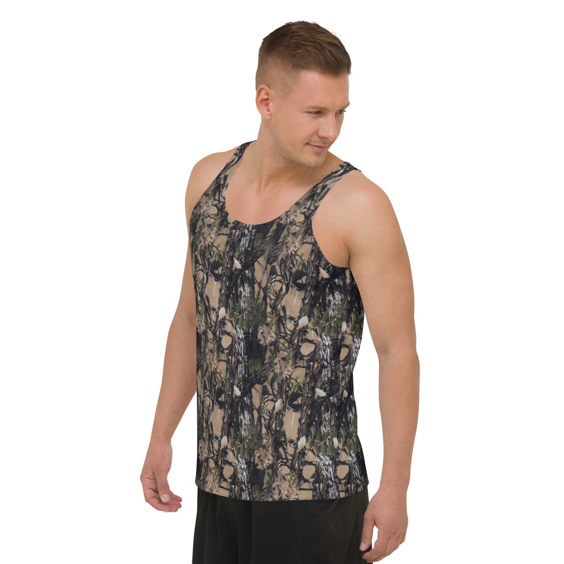 a picture of a man wearing a unisex all over printed Camouflage tank top - left front side