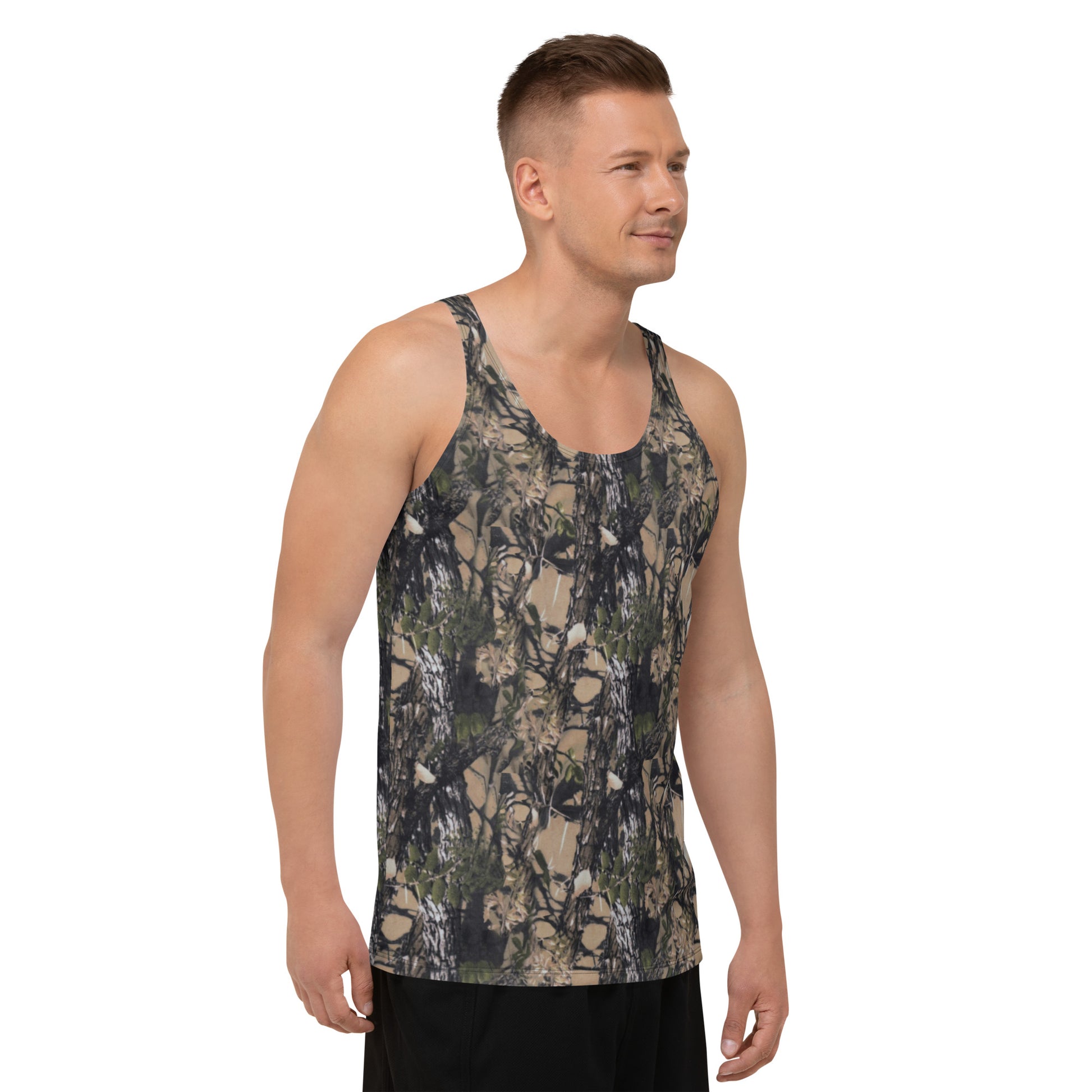 a picture of a man wearing a unisex all over printed Camouflage tank top - right front side