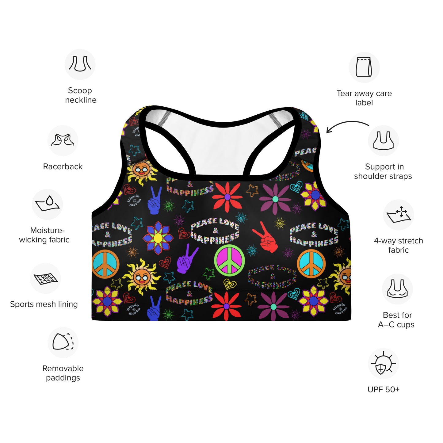 "Peace Love and Happiness" Black Padded Sports Bra