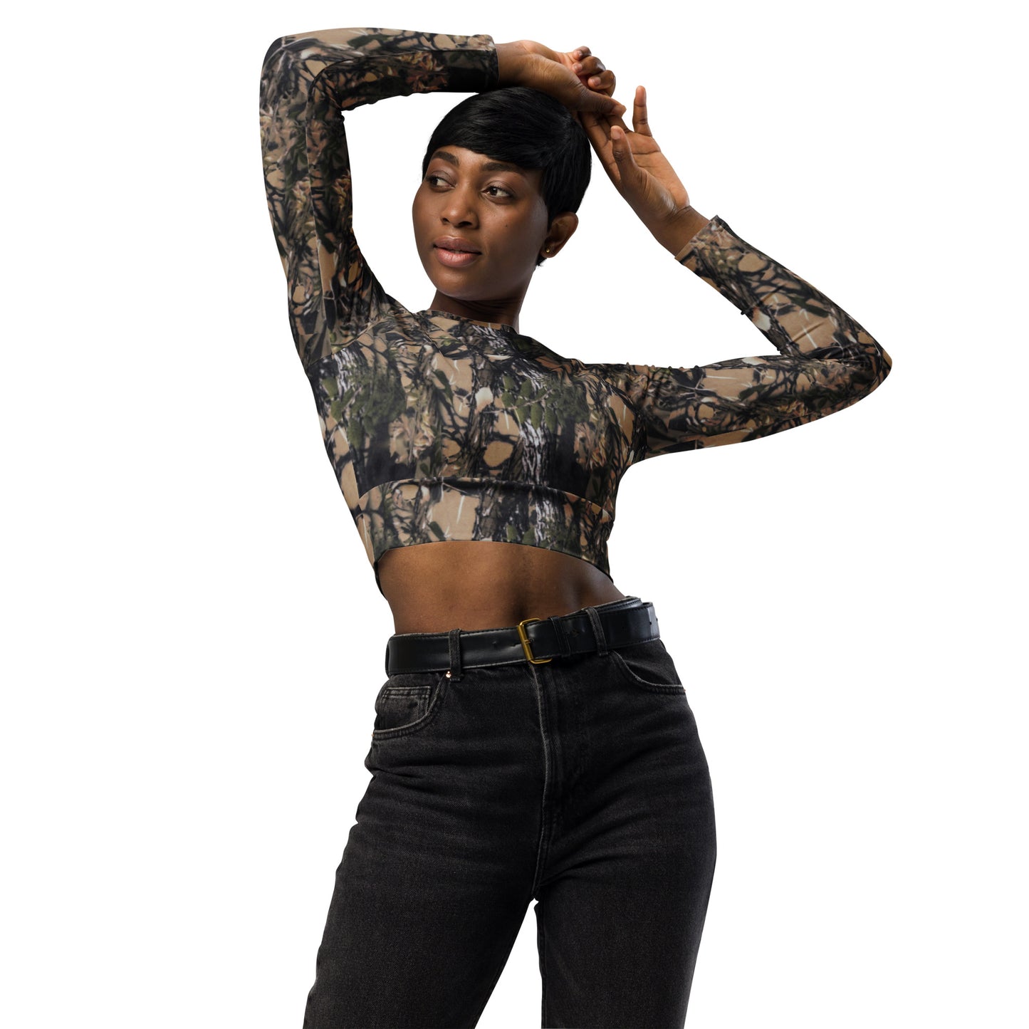 a picture of a woman wearing a Camouflage all over print long sleeve crop top - front side