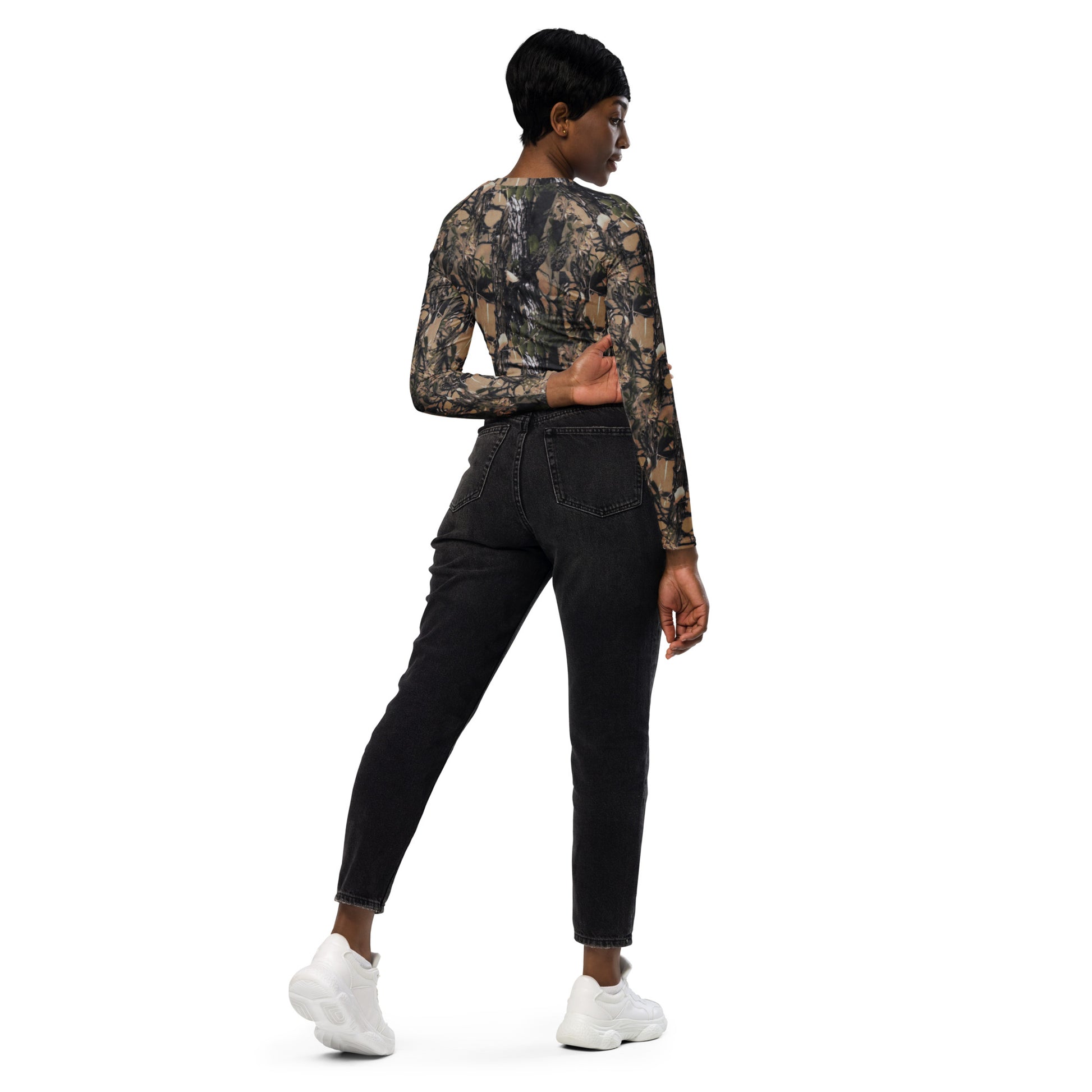 a picture of a woman wearing a Camouflage all over print long sleeve crop top - back side