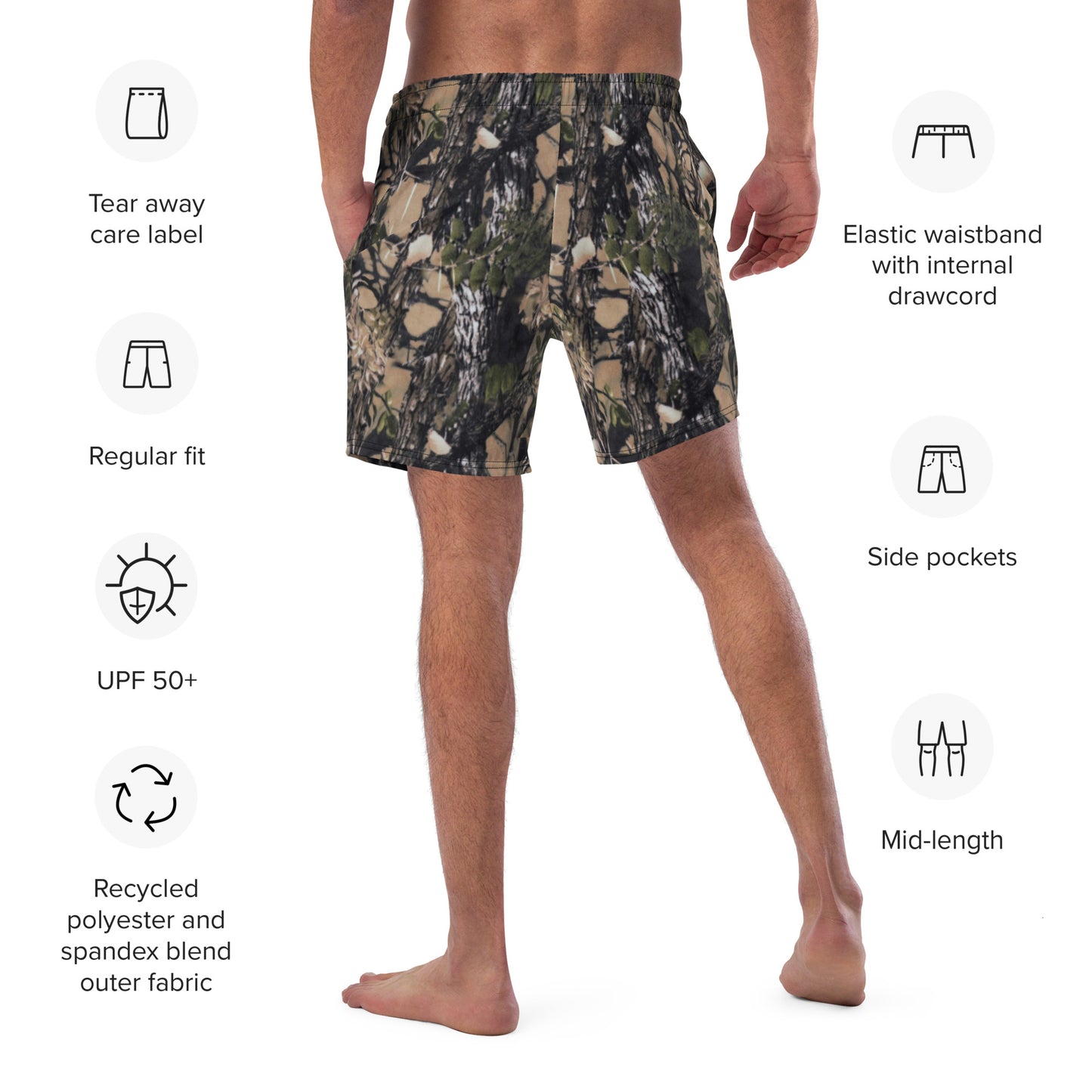 A picture of a man wearing only Camouflage all over print swim trunks - back side 