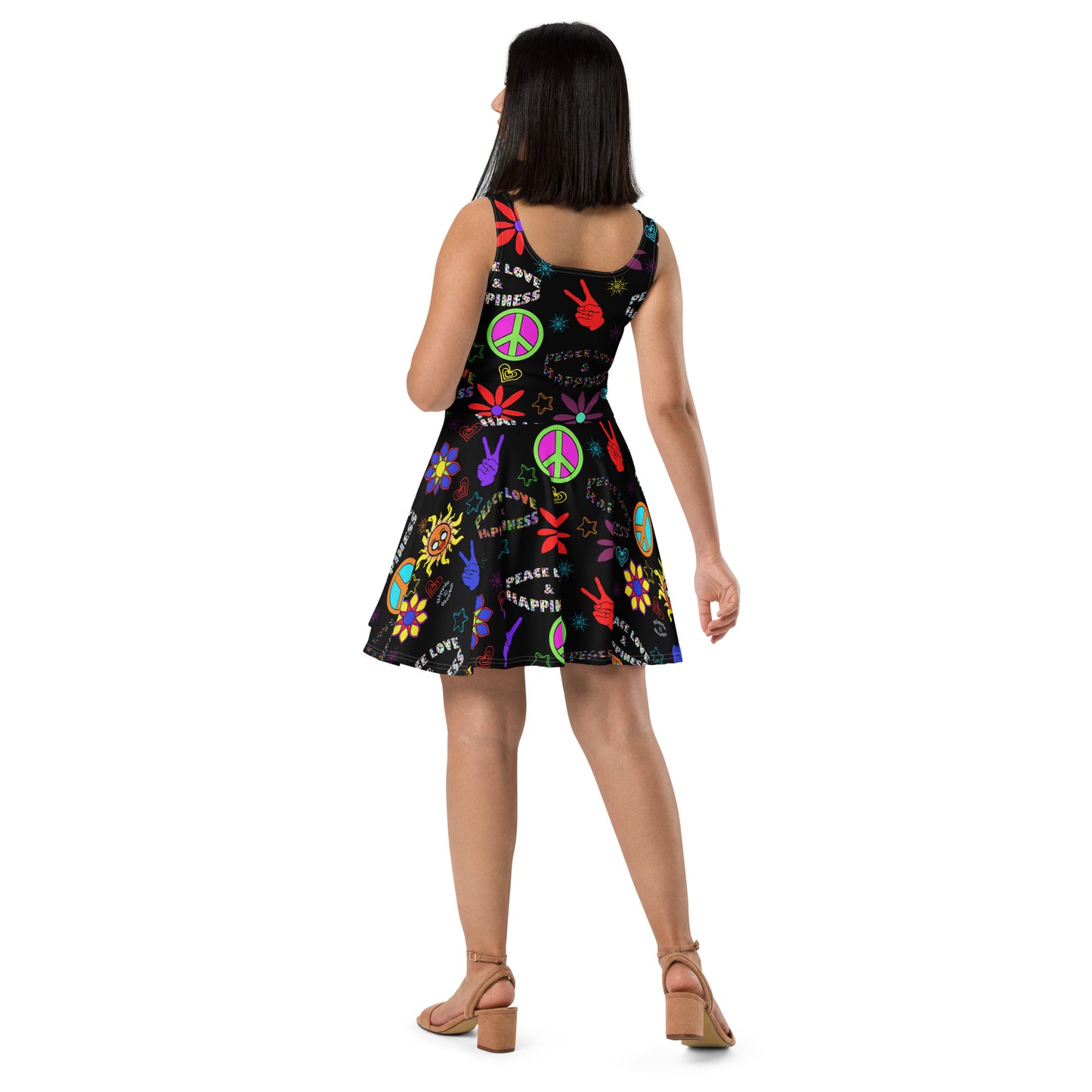 "Peace Love and Happiness" Black Skater Dress