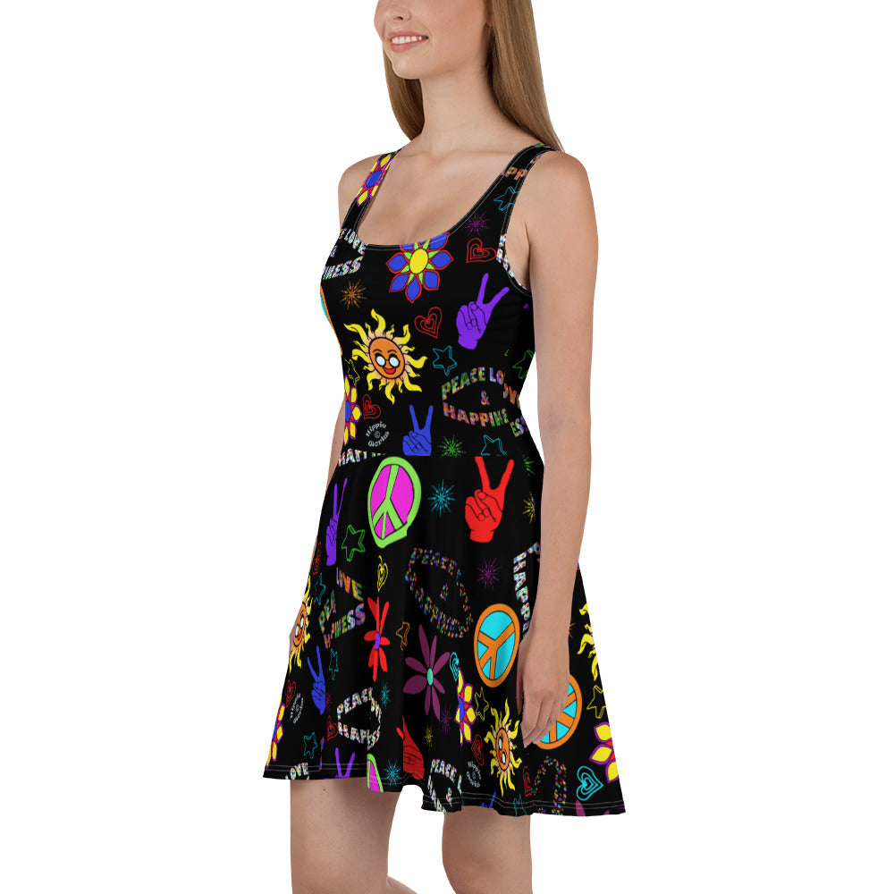 "Peace Love and Happiness" Black Skater Dress