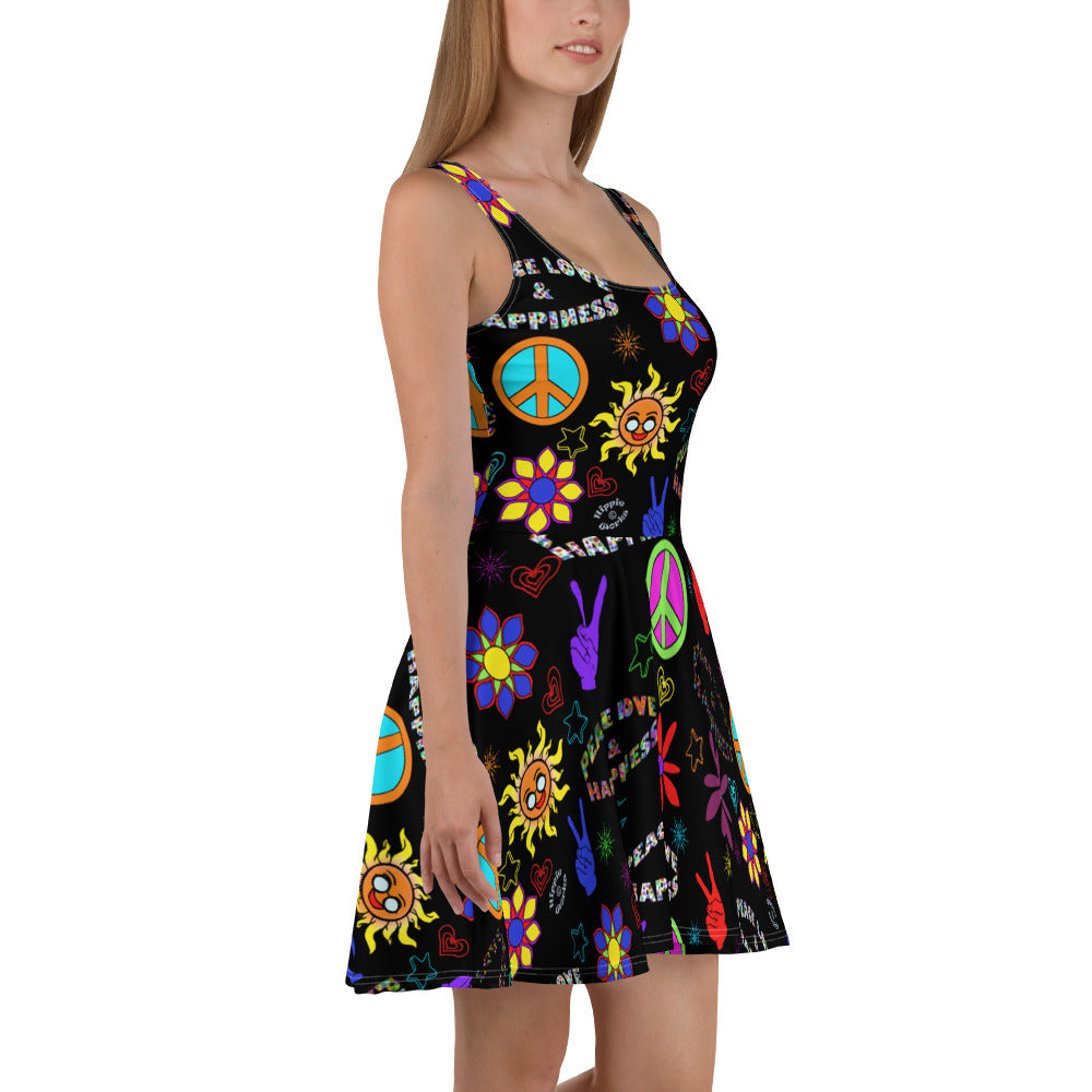 "Peace Love and Happiness" Black Skater Dress