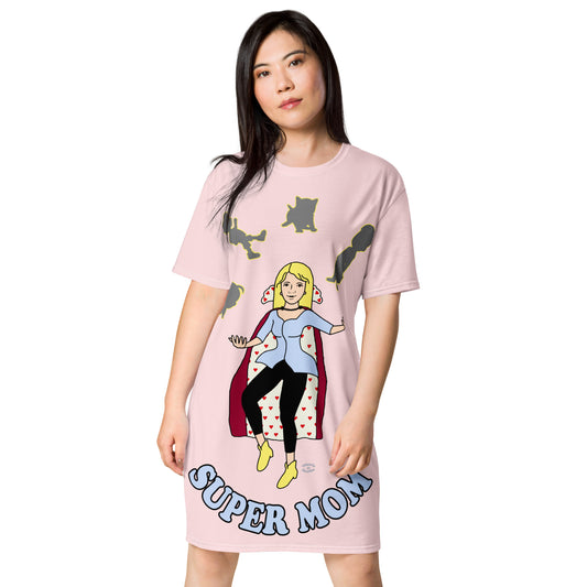 A women wearing a short sleeve tshirt dress with a picture on the front of a mother in a cape juggling her family with the text at the bottom Super Mom - Front - pink