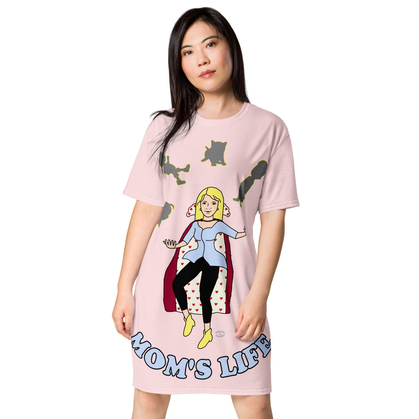 A women wearing a short sleeve tshirt dress which has on the front a cartoon women in a cape juggling her family like a jester and the text Mom's LIFE - front - light pink