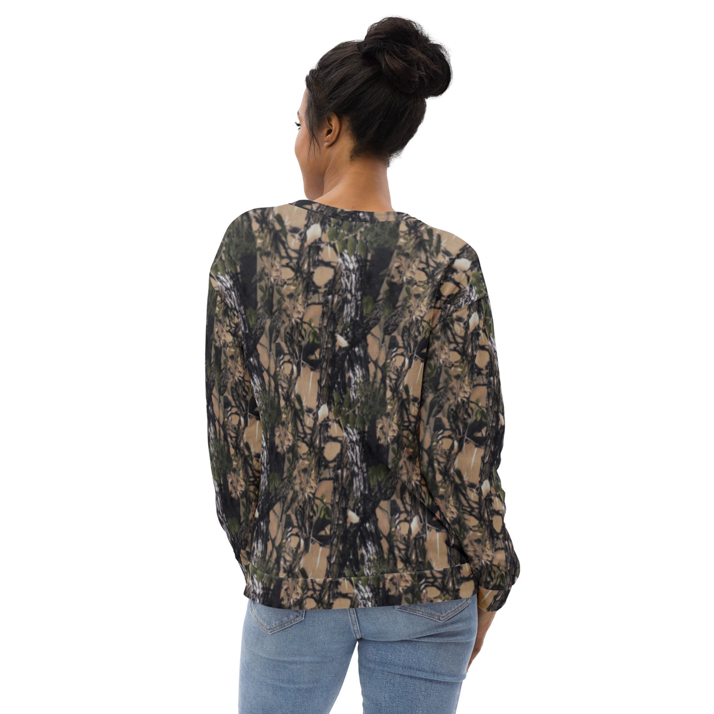 A picture of a women wearing a unisex all over print Camouflage Long sleeve sweatshirt - back side