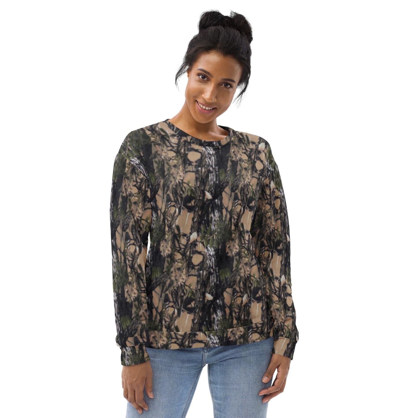 A picture of a women wearing a unisex all over print Camouflage Long sleeve sweatshirt - front side