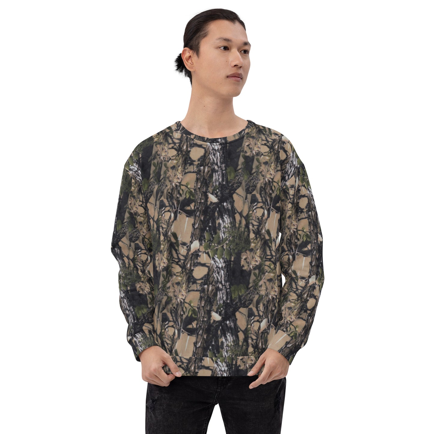 A picture of a man wearing a unisex all over print Camouflage Long sleeve sweatshirt - front side