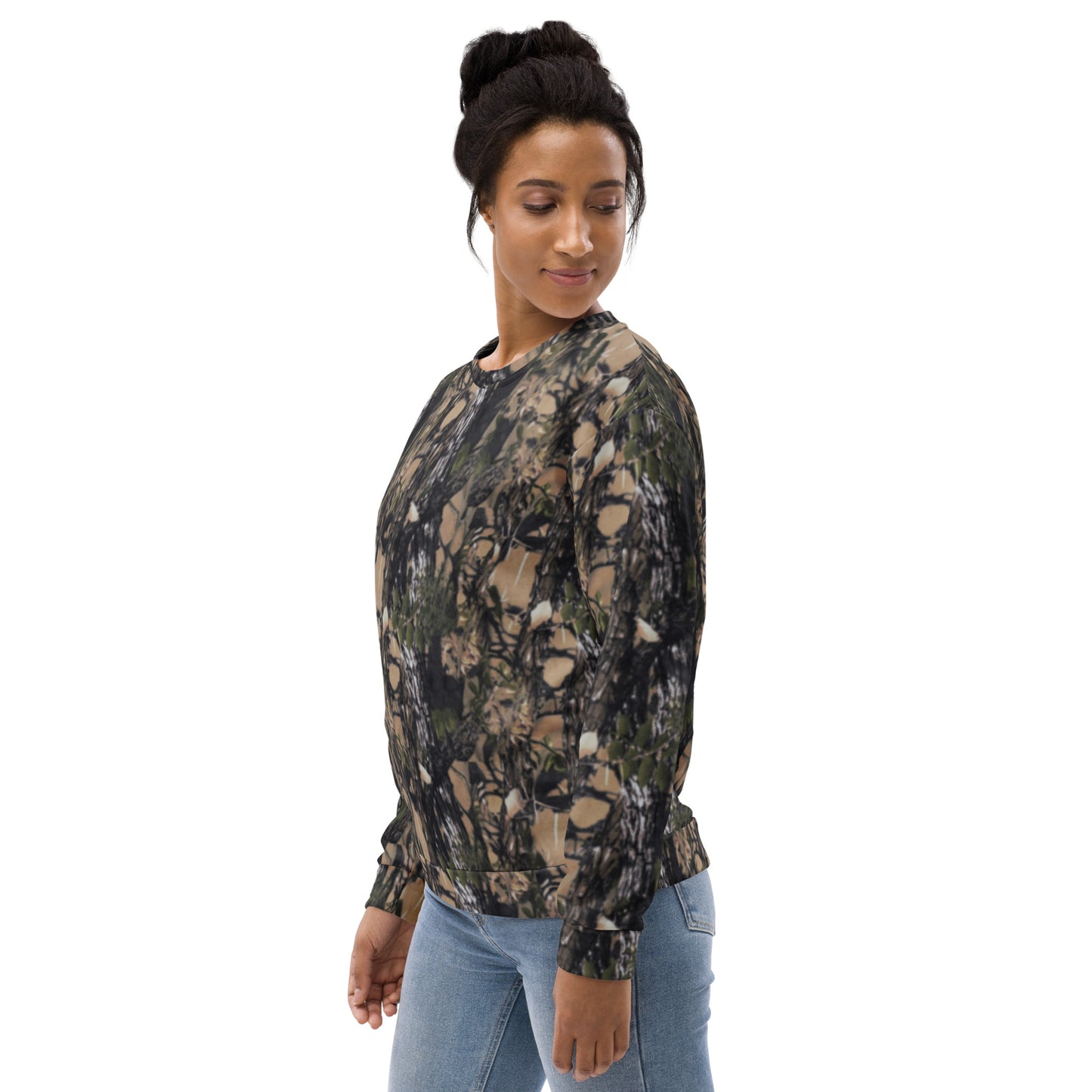 A picture of a women wearing a unisex all over print Camouflage Long sleeve sweatshirt - left front side