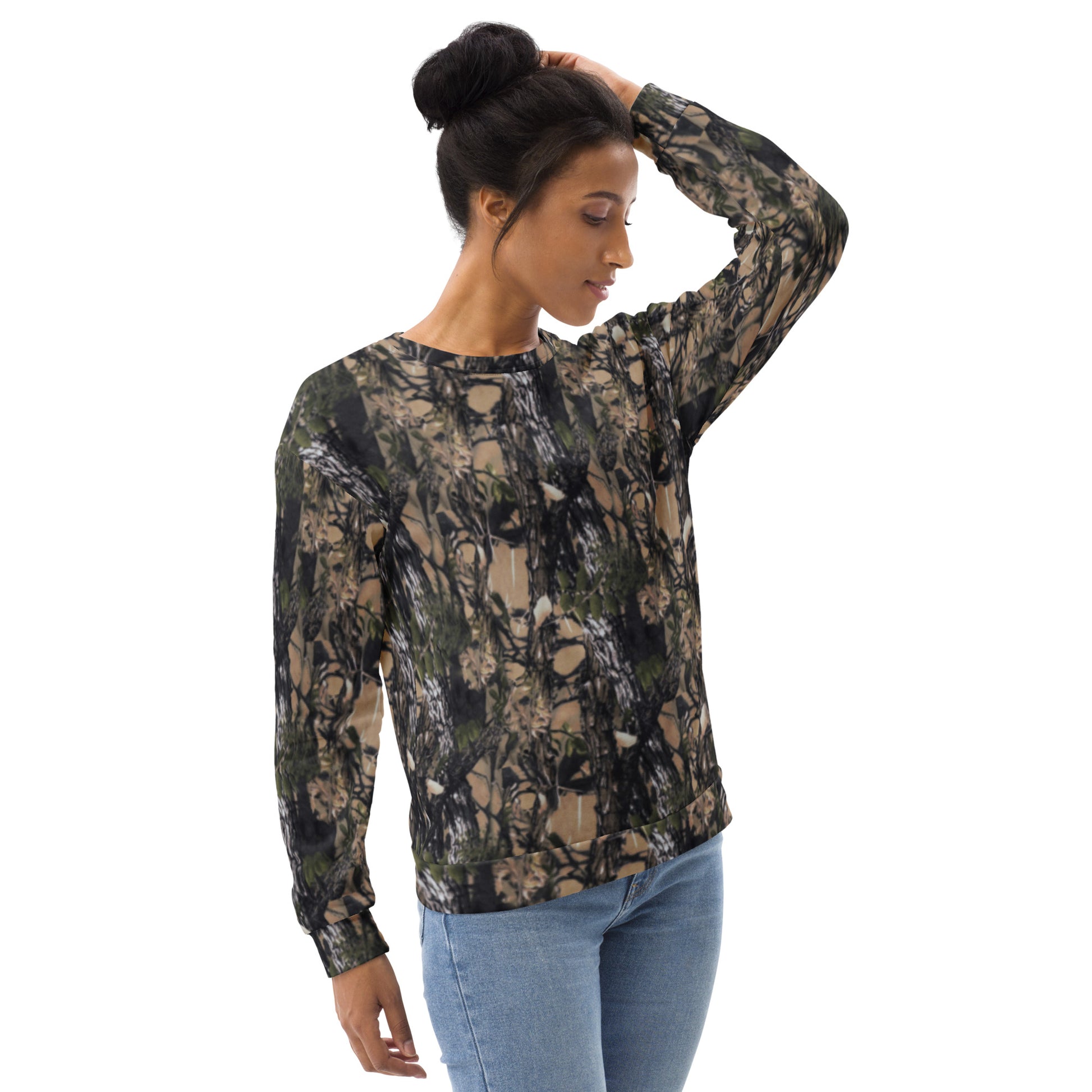 A picture of a women wearing a unisex all over print Camouflage Long sleeve sweatshirt - right front side