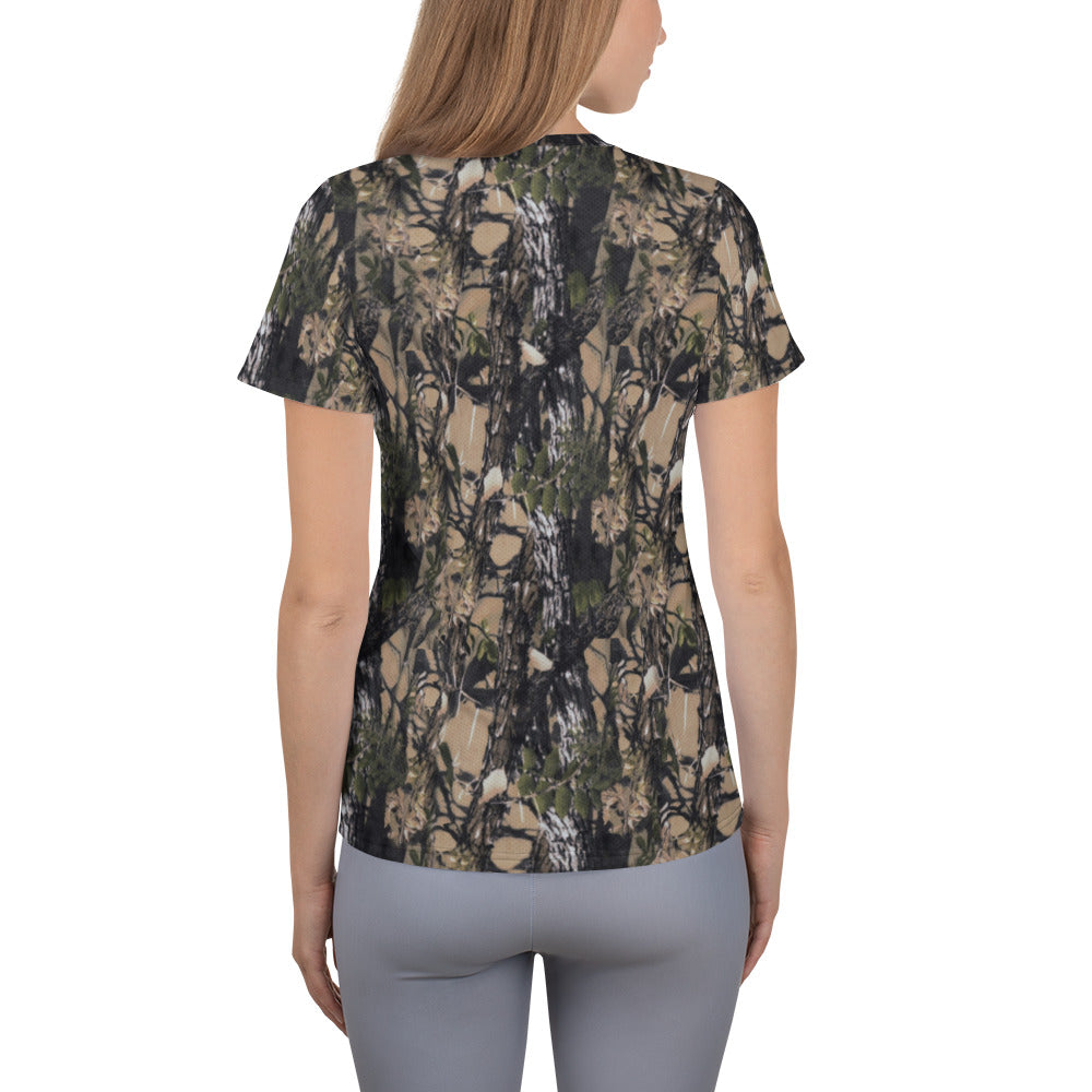 A picture of a women wearing a Camouflage all over print athletic tshirt - back side