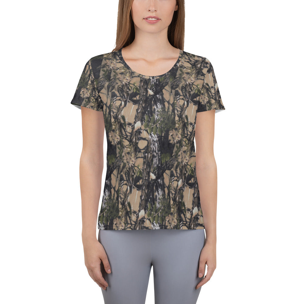 A picture of a women wearing a Camouflage all over print athletic tshirt - front side