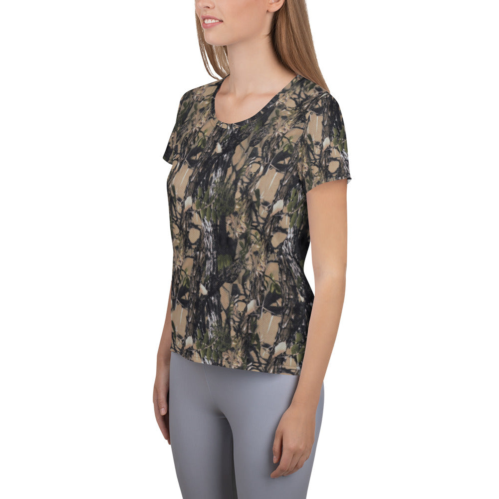 A picture of a women wearing a Camouflage all over print athletic tshirt - left side