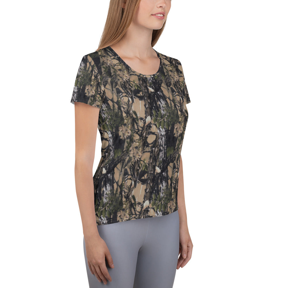 A picture of a women wearing a Camouflage all over print athletic tshirt - right side