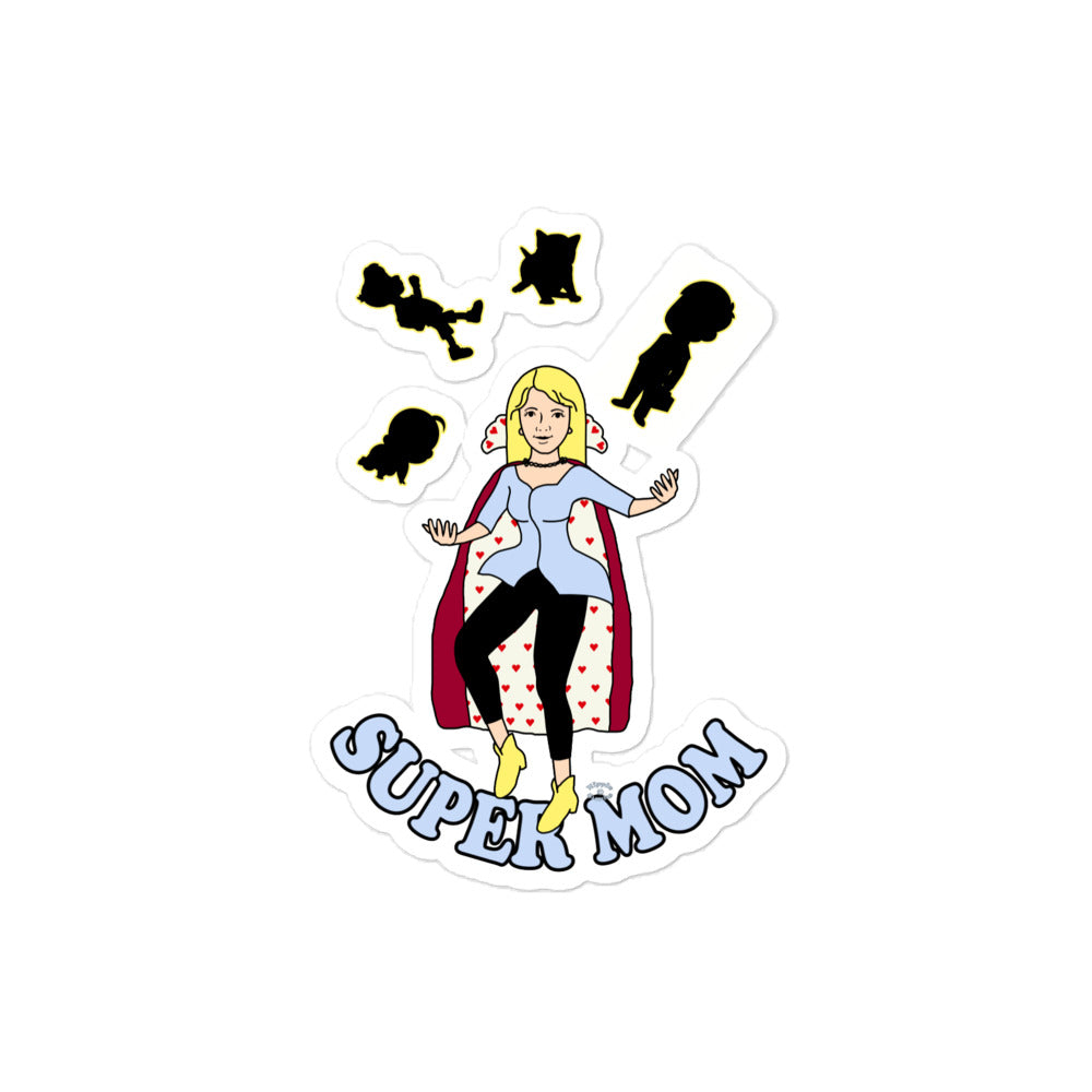 A picture of a sticker with a Super Mom juggling family life - 4 x 4 inch