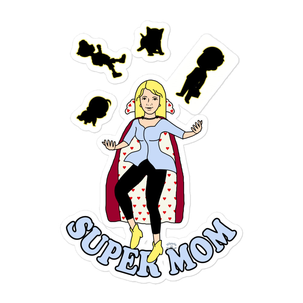 A picture of a sticker with a Super Mom juggling family life - 5.5 x 5.5 inch