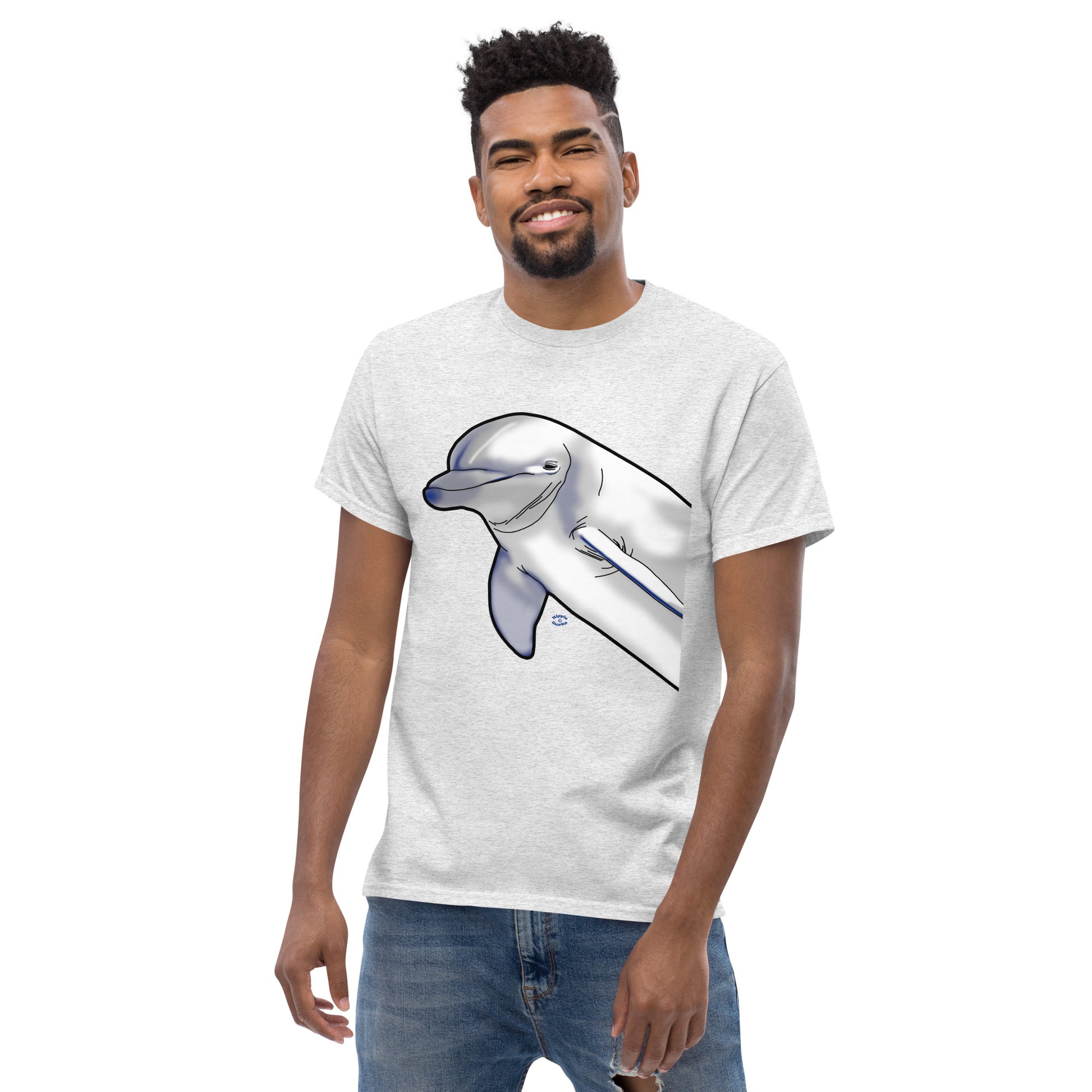 A picture of a man wearing a short sleeve tshirt with a printed picture of a dolphin - front side ash