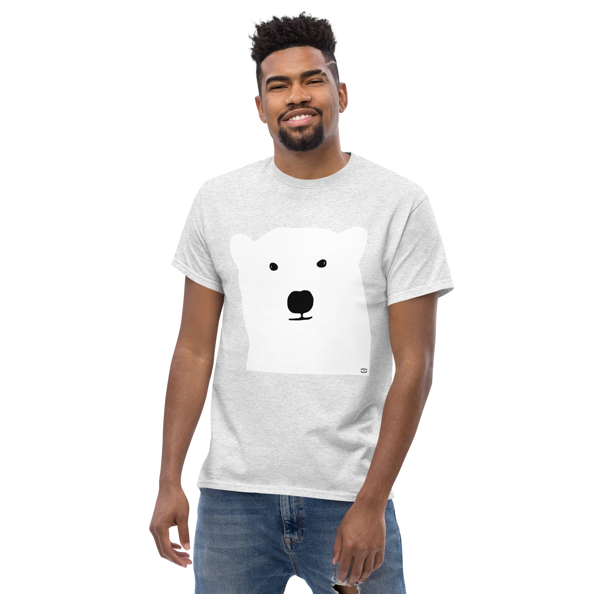 A picture of a man wearing a short sleeve tshirt with a kool polar bear face on the front-ash grey-front