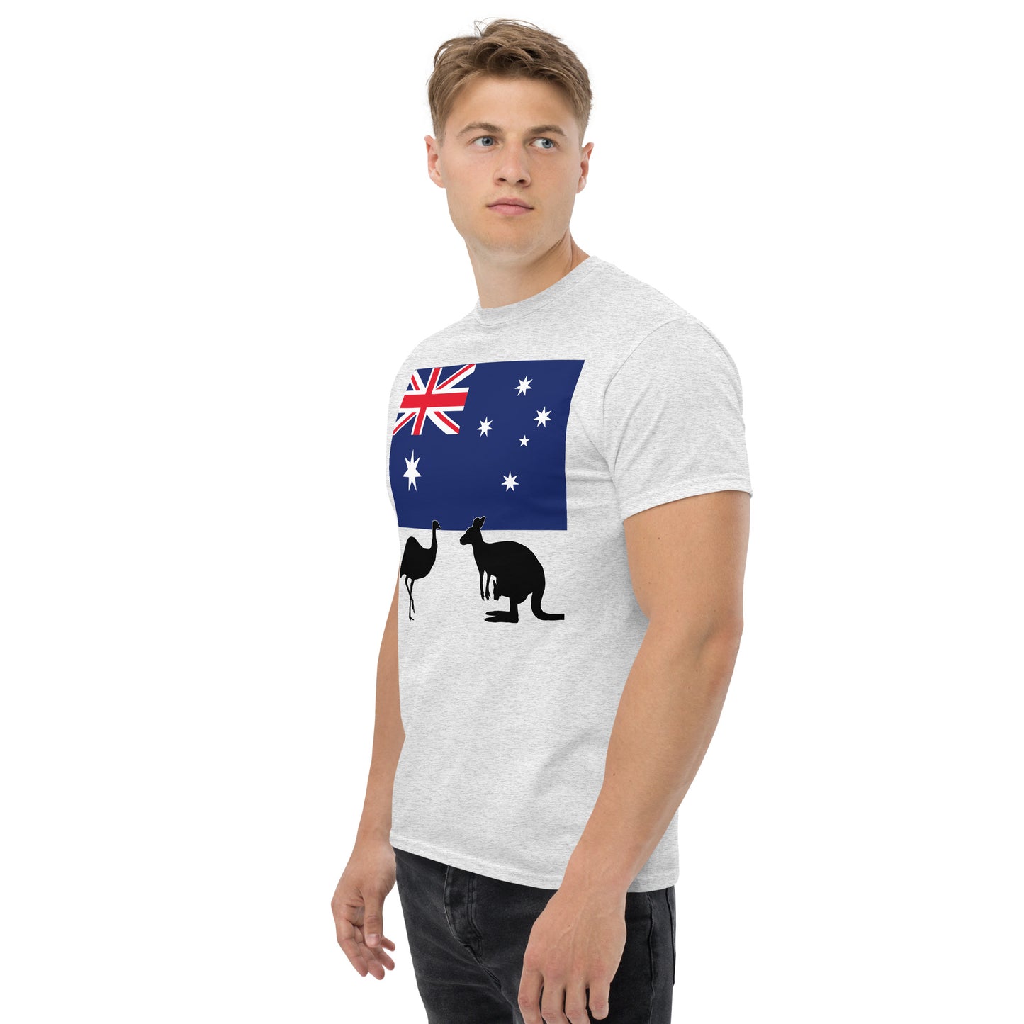 A man wearing a short sleeve tshirt and on the front is Australian flag on the front of a tshirt with the Australian Flag and the silhouettes of an Emu and a kangaroo below - Shirt color White  -left front