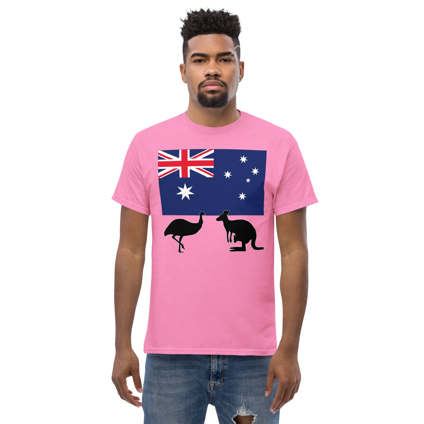 A man wearing a short sleeve tshirt and on the front is Australian flag on the front of a tshirt with the Australian Flag and the silhouettes of an Emu and a kangaroo below - Shirt color azalea