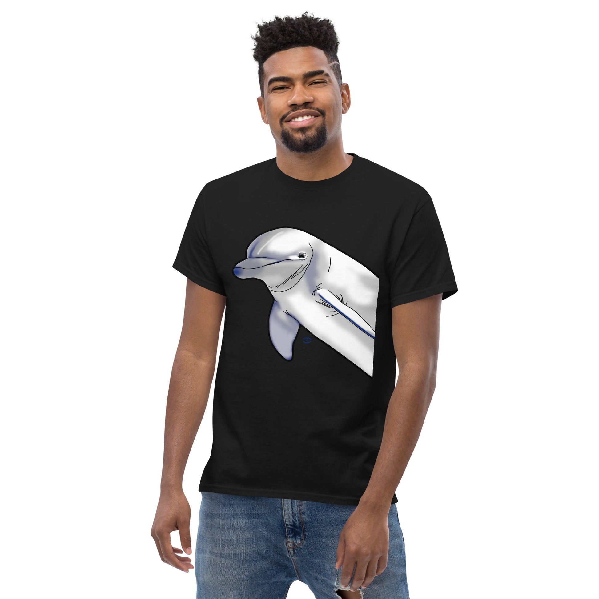 A picture of a man wearing a short sleeve tshirt with a printed picture of a dolphin - front side black